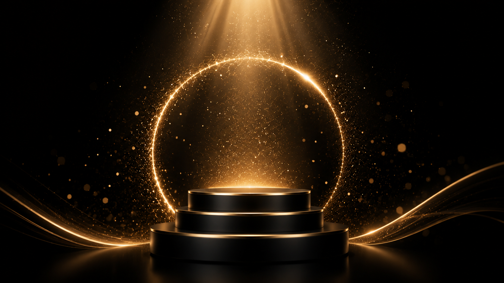 Minimal black luxury background with golden illuminated podium and sparkling light halo, representing bestsellers, premium skincare excellence, and advanced regenerative beauty