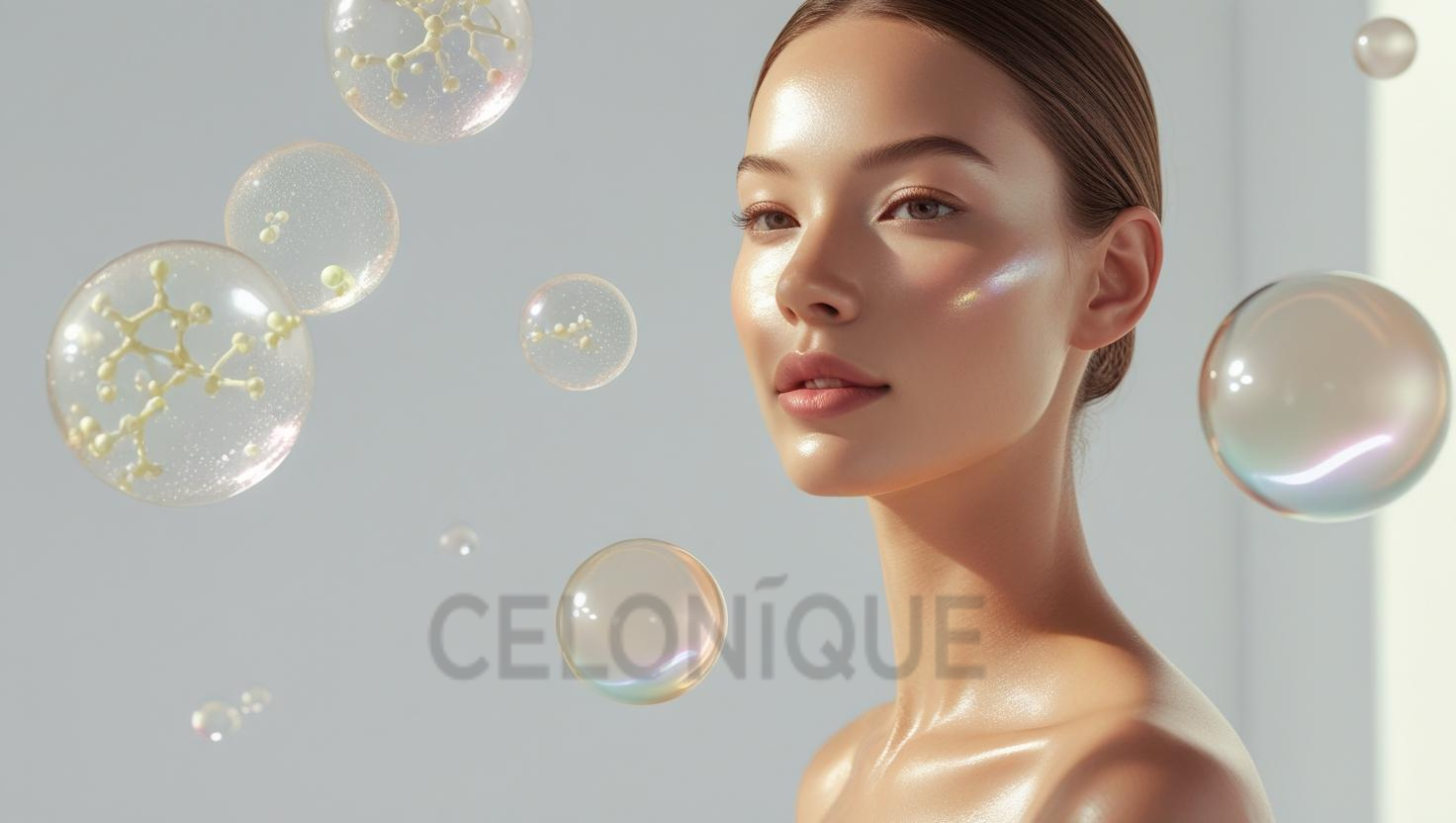 Junge Frau mit makelloser Haut, umgeben von schimmernden Blasen mit wissenschaftlichen Zellstrukturen – symbolisiert moderne Hautpflege mit Exosomen-Technologie.