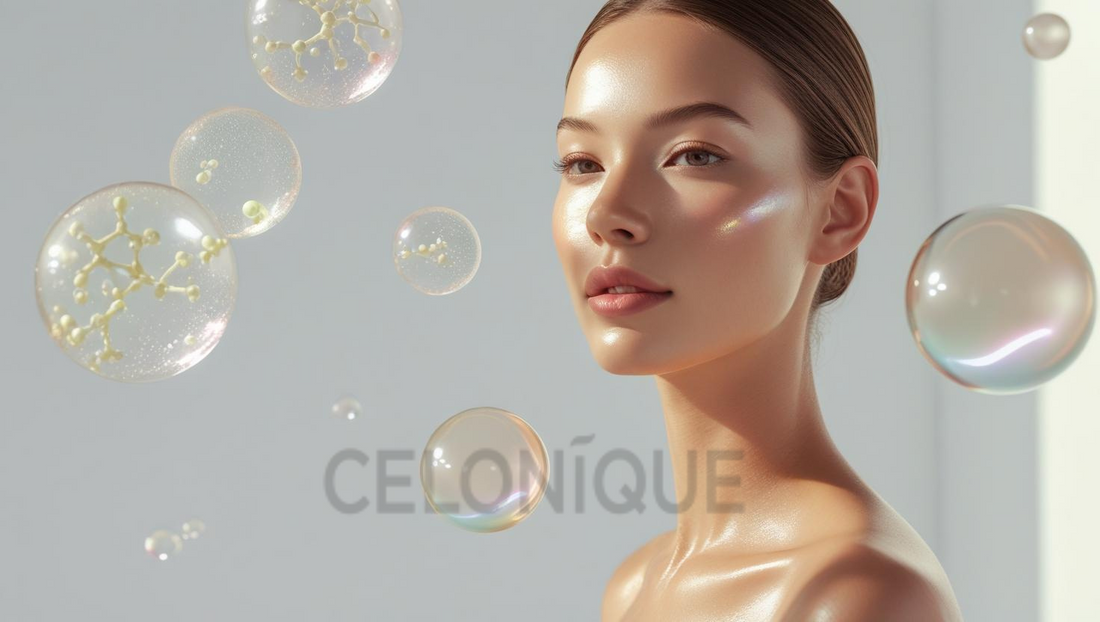 Junge Frau mit makelloser Haut, umgeben von schimmernden Blasen mit wissenschaftlichen Zellstrukturen – symbolisiert moderne Hautpflege mit Exosomen-Technologie.