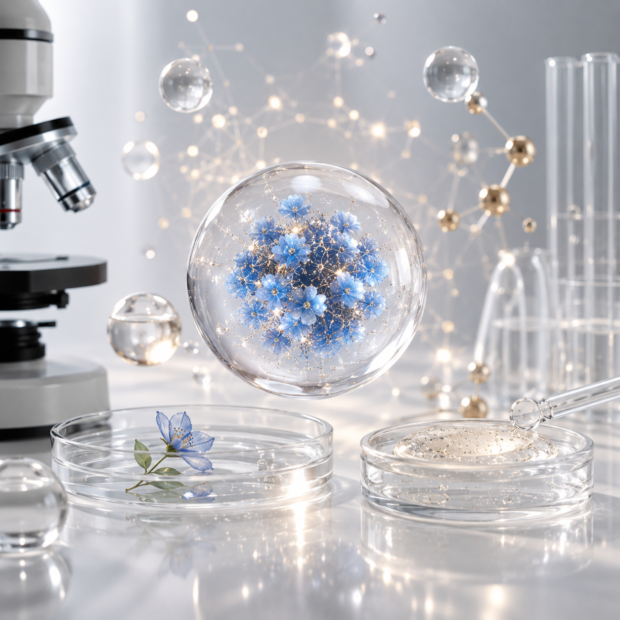 CELONIQUE plant-based exosome skincare science with biotech laboratory elements, peptide innovation and regenerative beauty technology