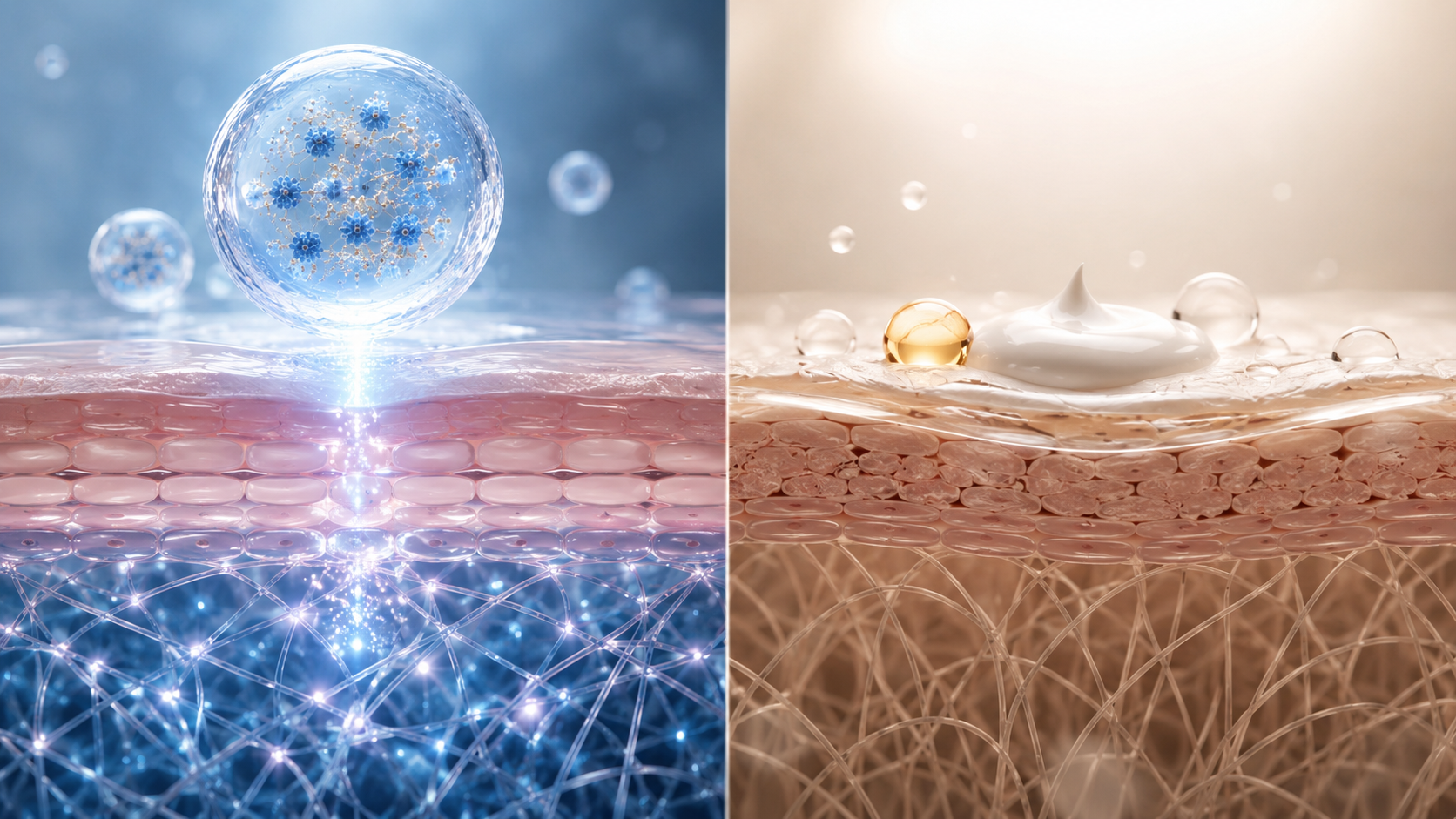 CELONIQUE exosome skincare technology compared with traditional skincare, showing advanced cellular renewal, deeper skin support and regenerative beauty