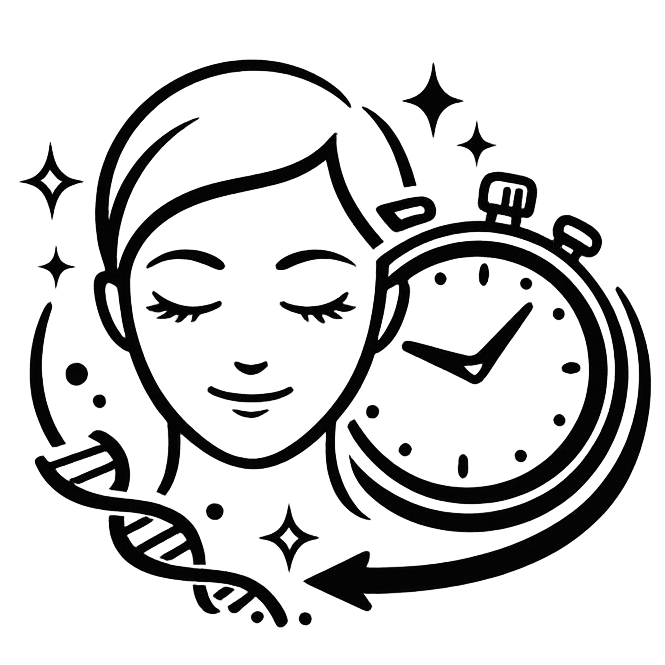 Minimal black anti-aging icon with youthful face, stopwatch, DNA helix, and sparkle symbols on a transparent background
