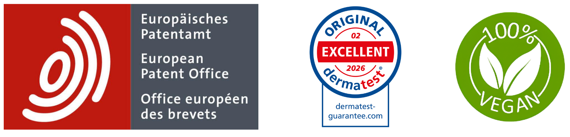 Dermatest Excellent 2026 Zertifikat, 100% Vegan Siegel und Europäisches Patentamt Logo für wissenschaftlich geprüfte Hautpflege von CELONIQUE