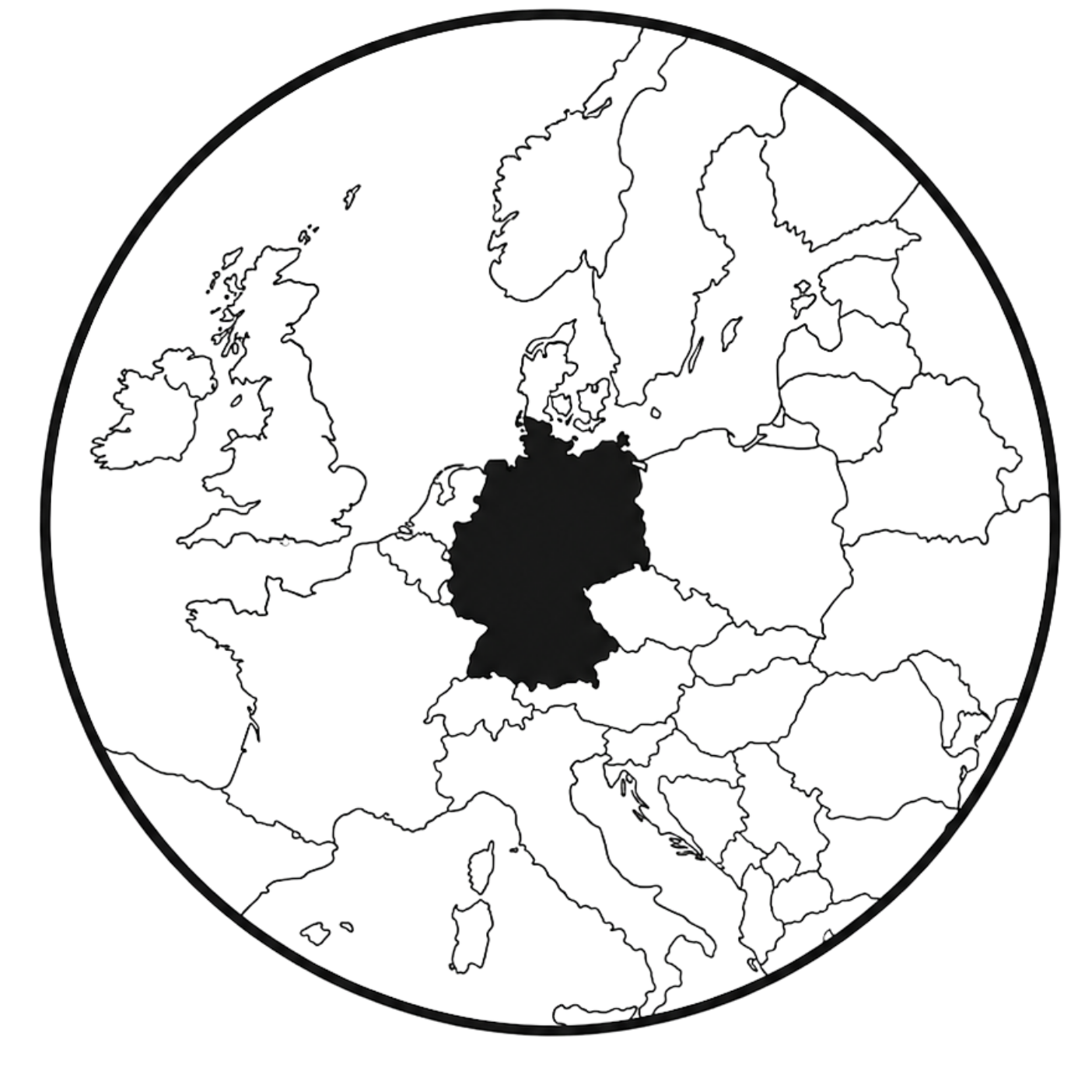 Minimal black CELONIQUE Made in Germany icon with Germany map silhouette, circular outline, and elegant landmark-inspired line elements on a transparent background