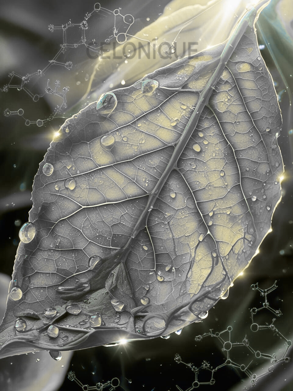 Detailaufnahme eines botanischen Blattes mit Wassertropfen, durchzogen von leuchtenden Molekülstrukturen. Symbolisiert die Verbindung von Natur und Biotechnologie bei CELONÍQUE.