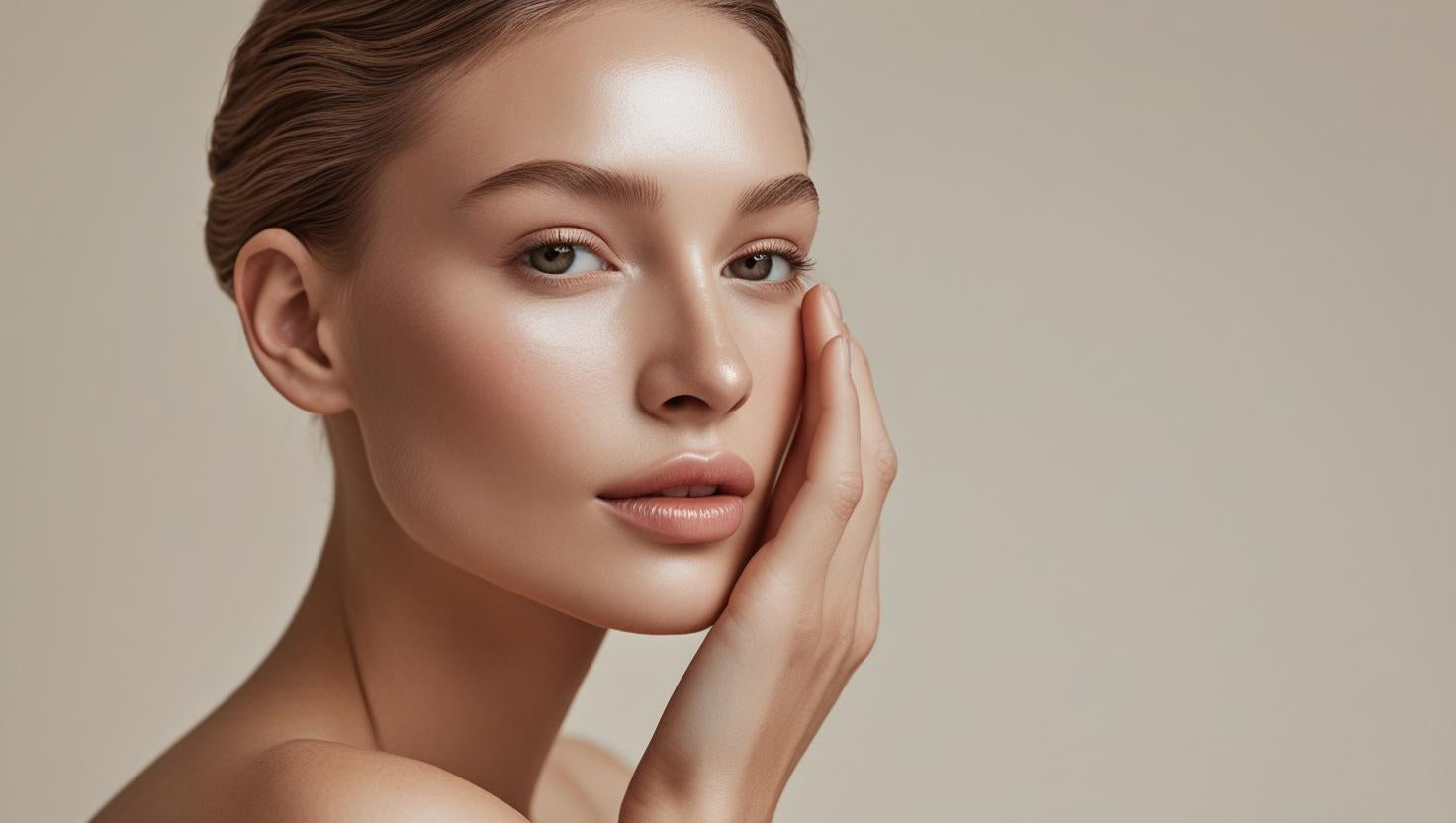 Nahaufnahme einer Frau mit makelloser, strahlender Haut, die sanft ihr Gesicht berührt. Steht für natürliche Schönheit und hochwertige Gesichtspflege von CELONÍQUE.
