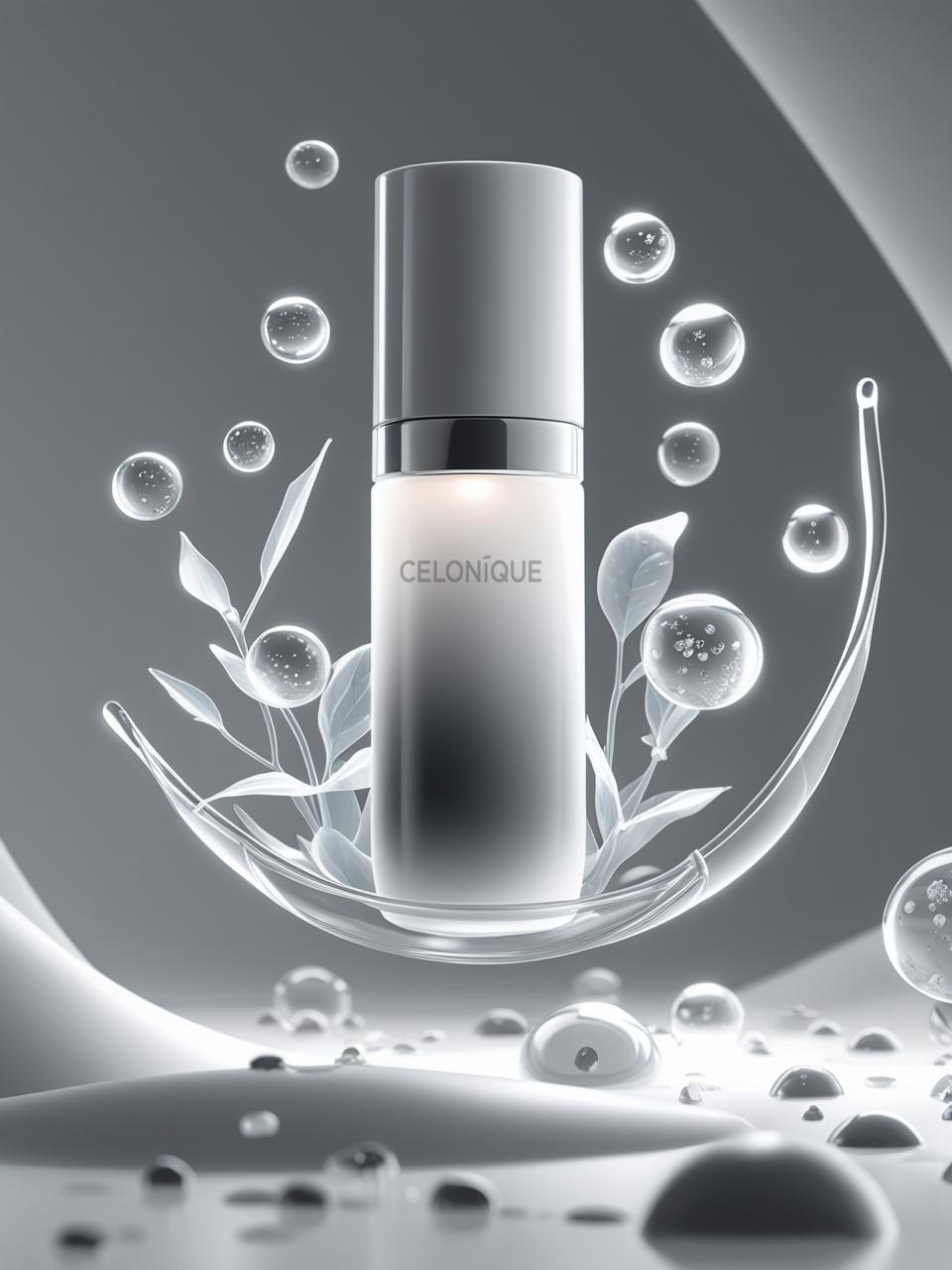 Hochwertiges Serumflakon von CELONÍQUE in futurativer Darstellung mit schwebenden Pflanzen- und Molekülelementen. Symbol für Reinheit, Wissenschaft und moderne Hautpflege.