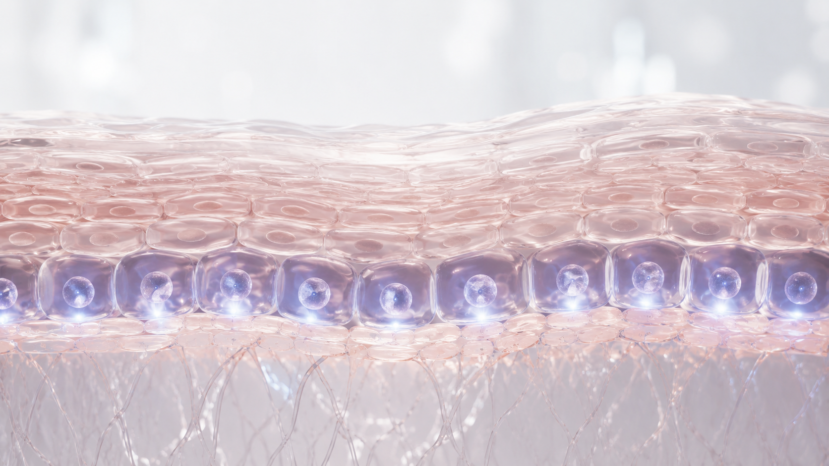 Scientific 3D illustration of the skin stem cell layer with softly glowing basal cells, translucent skin layers, and a clean luxury biotech aesthetic.