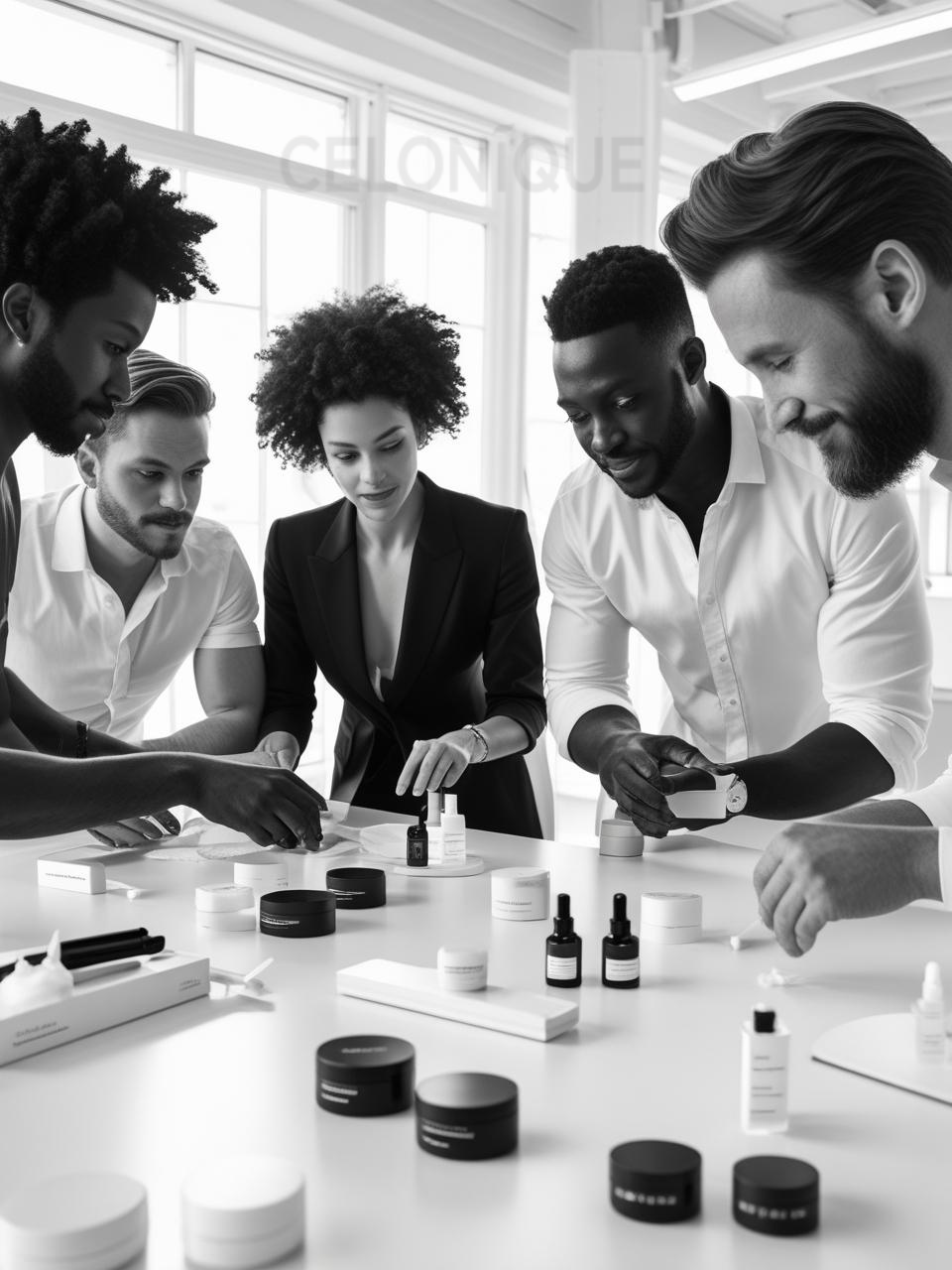Multikulturelles Team entwickelt gemeinsam Hautpflegeprodukte am Labortisch. Symbolisiert Innovation, Zusammenarbeit und Markenvielfalt bei CELONÍQUE.