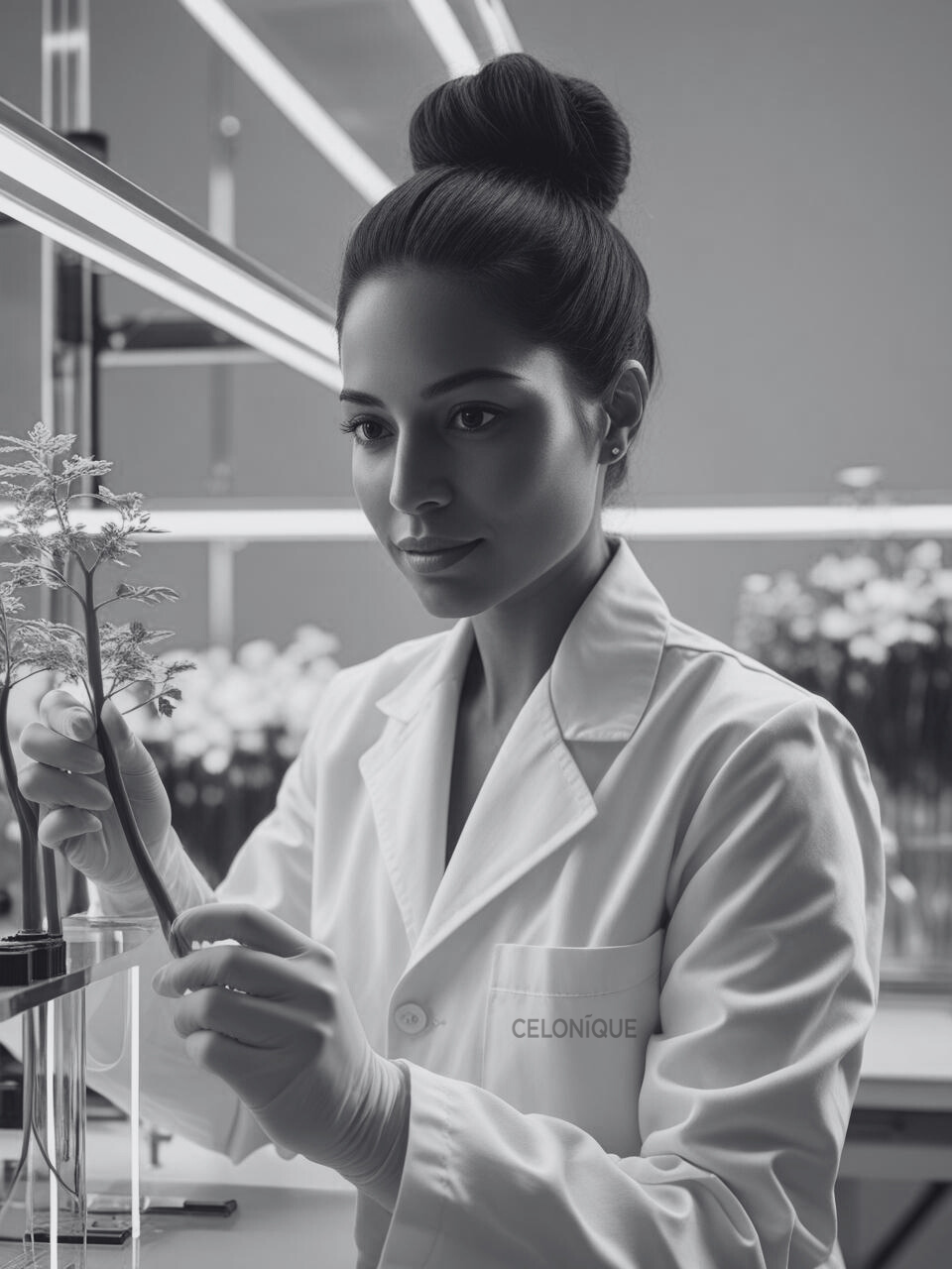 Wissenschaftlerin im Labor untersucht eine Pflanze, trägt einen CELONÍQUE-Laborkittel. Symbolisiert wissenschaftliche Hautpflegeforschung und botanische Innovation.