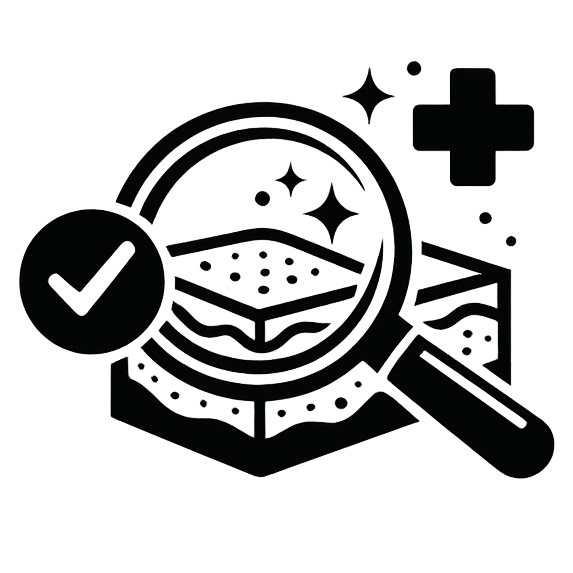Minimal black dermatologist-tested icon with magnifying glass, skin layers, medical cross, checkmark, and sparkle symbols on a transparent background