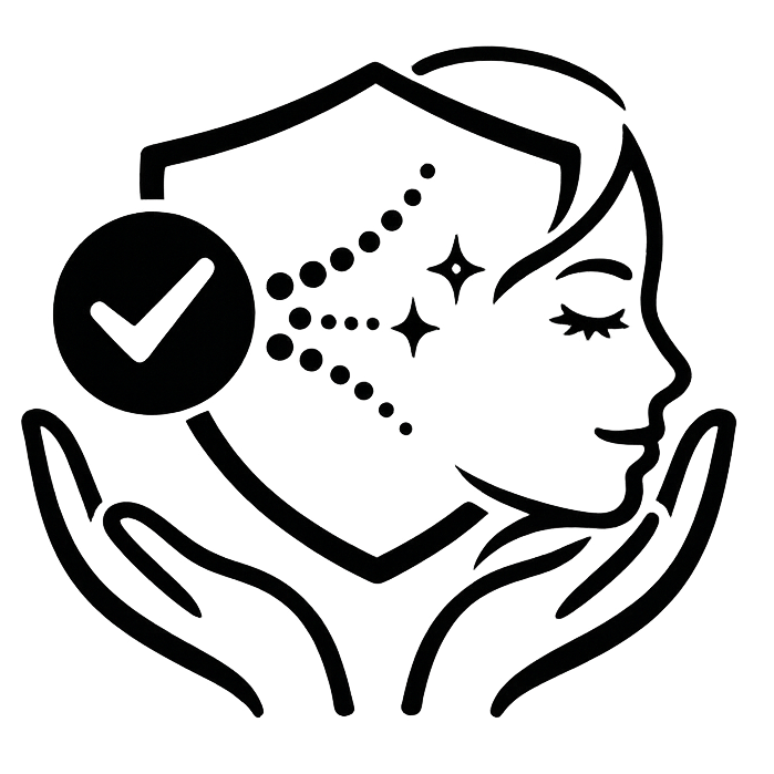 Minimal black non-invasive treatment icon with face profile, protective shield, checkmark, dotted skin-care path, and supportive hands on a transparent background