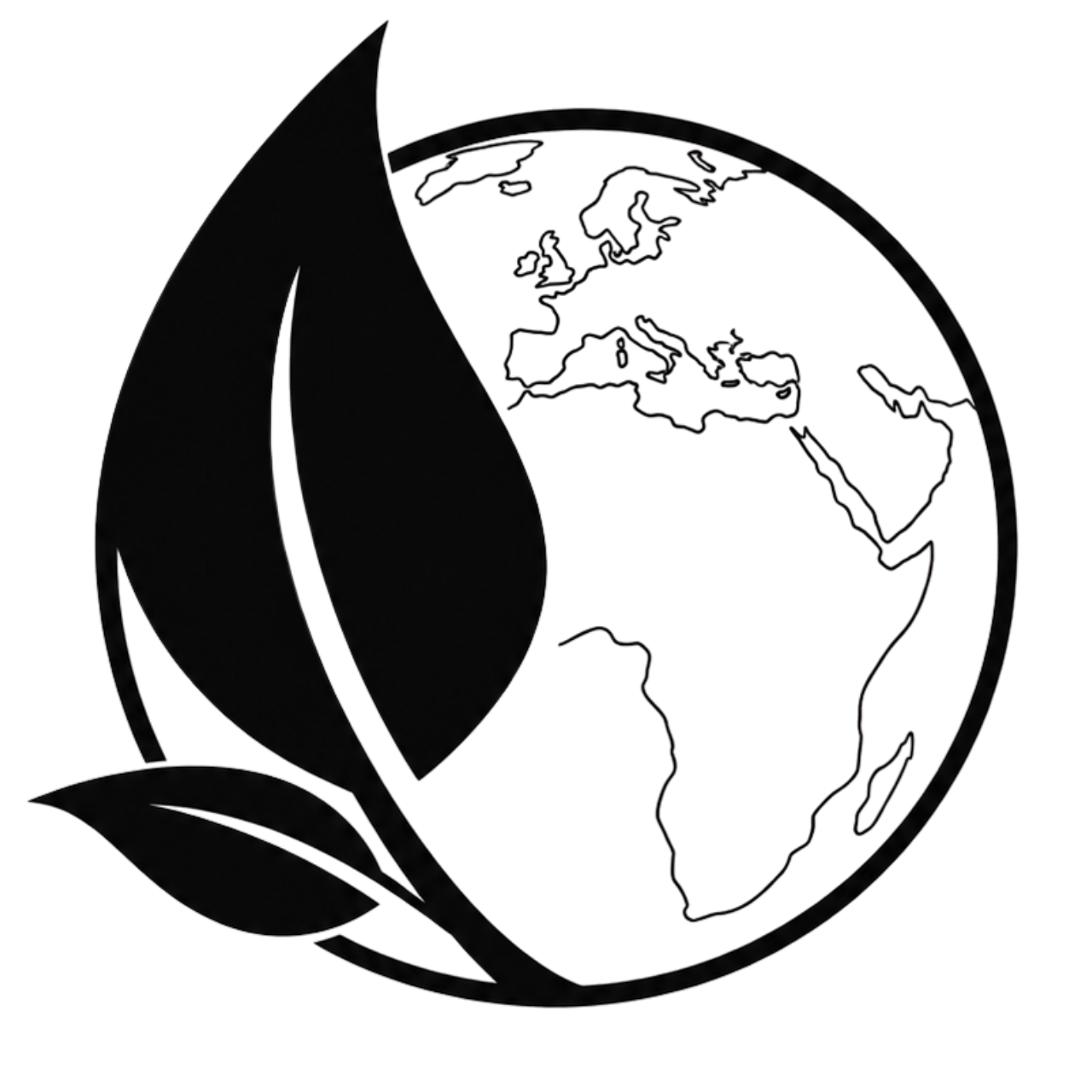 Minimal black vegan formula icon with leaf symbol, clean skincare drop, and natural beauty elements on a transparent background